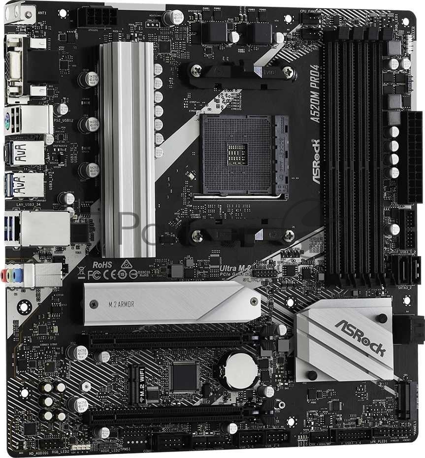 Материнская плата ASRock A520M Pro4, AM4, AMD A520, 4xDDR4, 4xSATA, 2xM.2, 1xPCIe 3.0 x16, DisplayPort, HDMI, D-Sub, 1x1Gb LAN, 3x3.5 мм, 7.1, microATX
