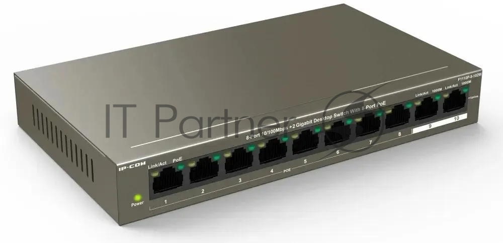 Коммутатор IP-COM F1110P-8-102W, 8×100 Мбит/с PoE + 2×1 Гбит/с, неуправляемый