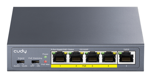 Коммутатор CUDY 5-Port Gigabit PoE+ Switch 60W 5-Port 10/100/1000M PoE+ Switch 60W, 5 10/100/1000M ports with 4POE+ Ports Unmanaged Switch with UL power adapter IEEE802.3af / IEEE802.3at, Watchdog, 60W External (GS1005P)