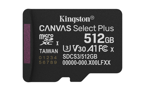 Карта памяти Kingston microSDXC 512GB Canvas Select Plus Memory Card SDCS3/512GBSP UHS-I U3 Class 10/V30/A1, w/o Adapter, 150Mb/s, RTL