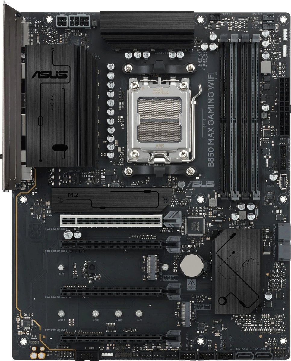Материнская плата ASUS B850 MAX GAMING WIFI, AM5, AMD B850, 4xDDR5, 4xSATA, 3xM.2, 1xPCIe 5.0 x16, 1xPCIe 4.0 x16, 2xPCIe 3.0 x16, 1xHDMI, 1xDisplayPort, 1x 2.5Gb LAN, 4xUSB 3.2 Gen2, 2xUSB 3.2 Gen1, 2xUSB 2.0, 3x3.5 мм, 7.1, ATX