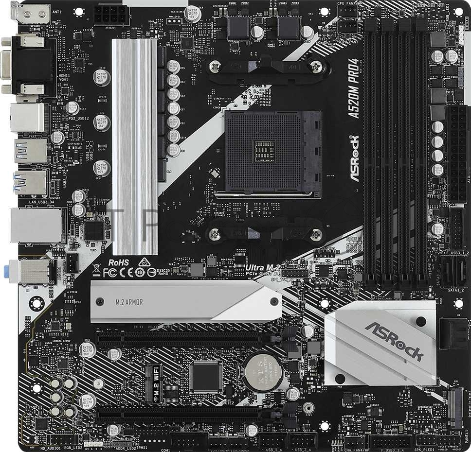 Материнская плата ASRock A520M Pro4, AM4, AMD A520, 4xDDR4, 4xSATA, 2xM.2, 1xPCIe 3.0 x16, DisplayPort, HDMI, D-Sub, 1x1Gb LAN, 3x3.5 мм, 7.1, microATX
