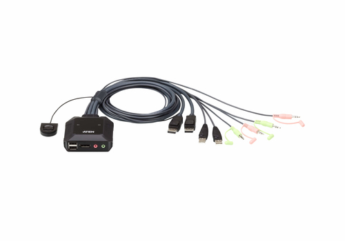 Переключатель KVM ATEN (CS22DP-AT) KVM,  1 user USB+DisplayPort+AUDIO =>  2 cpu USB+DisplayPort+AUDIO, со встр.шнурами USB 2x1.2м., 2560x1600, настол