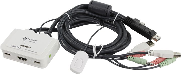 Multico <EW-K1302DP> 2-port DisplayPort USB KVM Switch  (клав.USB+мышьUSB+DP+Audio,проводной  ПДУ,  кабели несъемные)