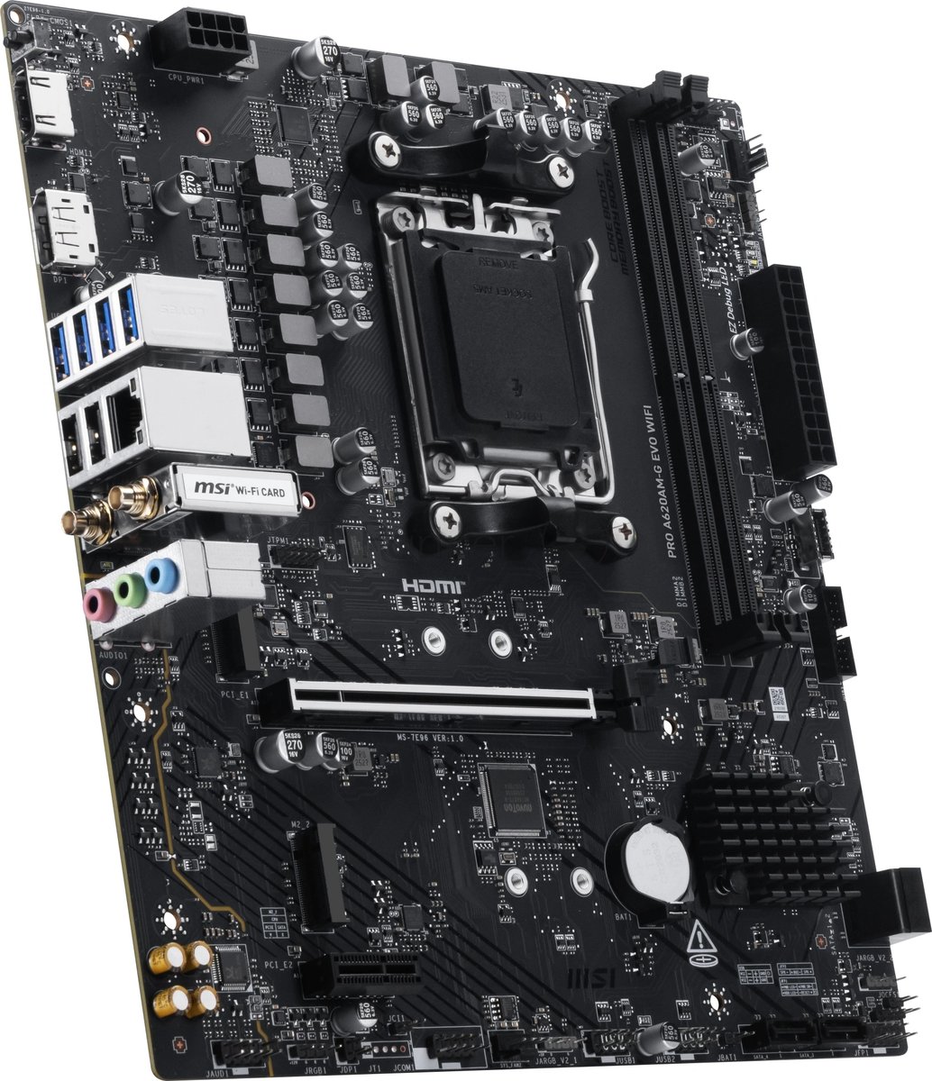 Материнская плата MSI PRO A620AM-G EVO WIFI, AM5, AMD A620A, 2xDDR5, 4xSATA, 2xM.2, 1xPCIe 4.0 x16, 1xPCIe 3.0 x1, 1xHDMI, 1xDisplayPort, 1x 2.5Gb LAN, 4xUSB 5Gbps Type-A, 2xUSB 2.0, 3x3.5 мм, 7.1, microATX