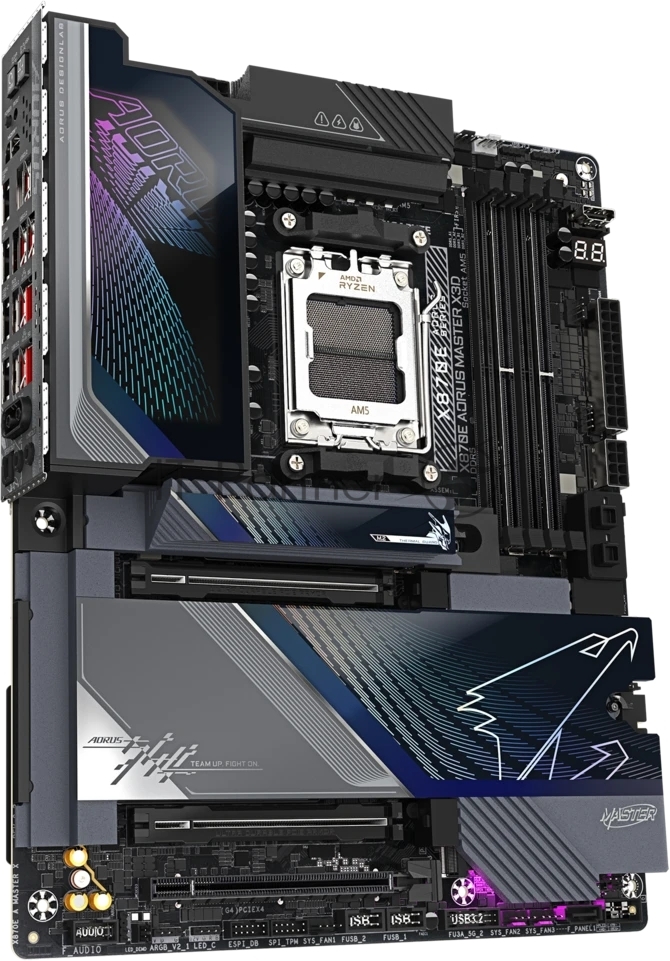 Материнская плата Gigabyte X870E AORUS MASTER X, AM5, AMD X870E, 4xDDR5 (до 9000 МГц, до 256 ГБ), 2xSATA, 5xM.2 (2xPCIe 5.0, 2xPCIe 4.0 x4, 1xPCIe 4.0 x2), 2xPCIe 5.0 x16, 1xPCIe 4.0 x16, 1xHDMI, 1x10Gb LAN + 1x5Gb LAN, Wi-Fi 7, Bluetooth 5.4, 2xUSB-C 40Gbps (USB4), 1xUSB-C 20Gbps, 1xUSB-C 10Gbps, 7xUSB-A 10Gbps, 3x3.5 мм + S/PDIF оптический, 7.1, с подсветкой, чёрный, ATX