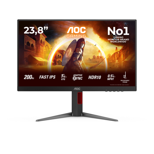 Монитор 23,8" AOC Gaming 1920x1080 WLED 16:9 IPS 300cd, 1000:1, 80M:1, 1ms, 178°/178°, 2xHDMI, DP, 200Hz, Speakers, Tilt, Height, Swivel, Pivot, VESA, Internal, Black/Red, 3y