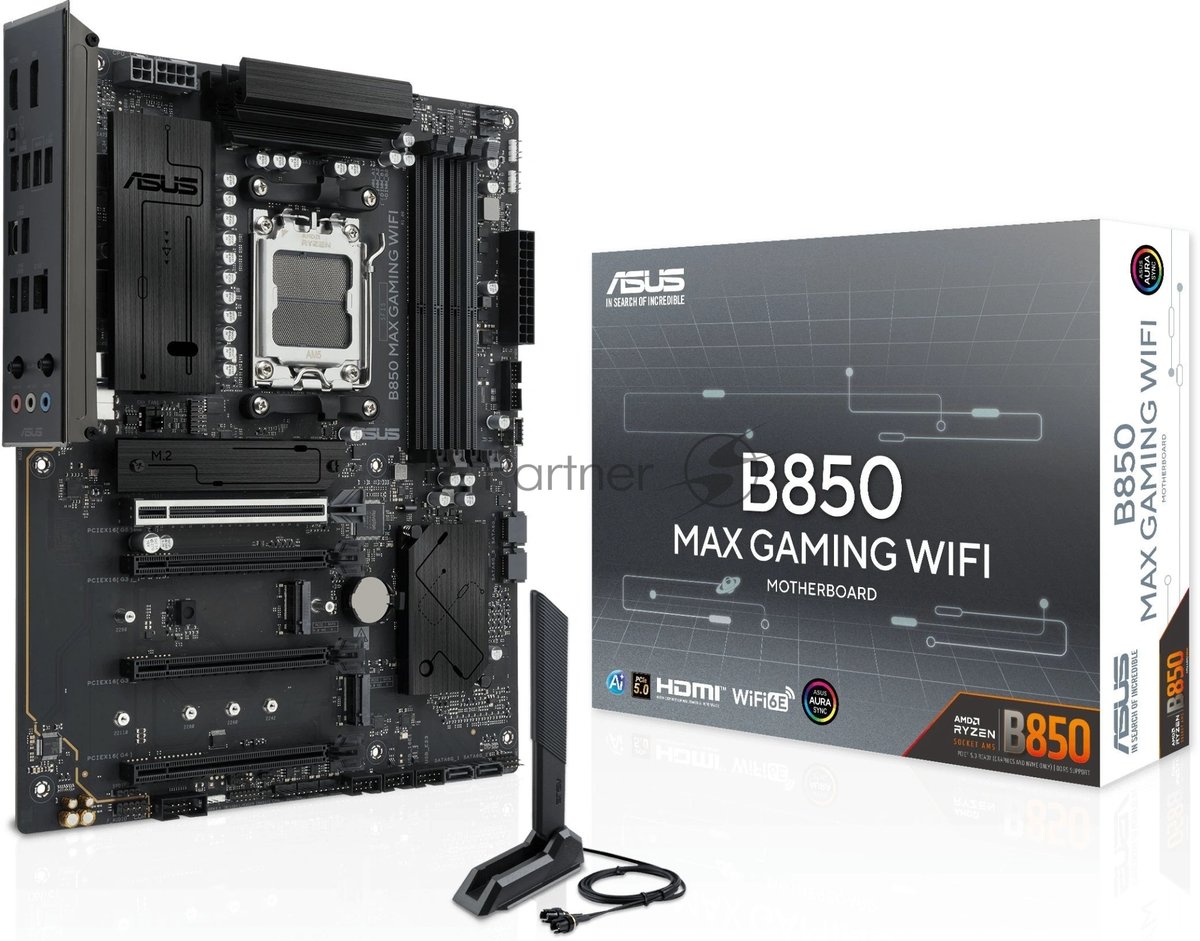 Материнская плата ASUS B850 MAX GAMING WIFI, AM5, AMD B850, 4xDDR5, 4xSATA, 3xM.2, 1xPCIe 5.0 x16, 1xPCIe 4.0 x16, 2xPCIe 3.0 x16, 1xHDMI, 1xDisplayPort, 1x 2.5Gb LAN, 4xUSB 3.2 Gen2, 2xUSB 3.2 Gen1, 2xUSB 2.0, 3x3.5 мм, 7.1, ATX