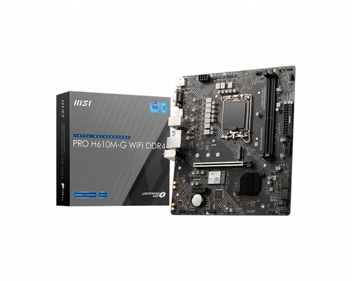 Материнская плата MSI PRO H610M-G WIFI DDR4, Socket LGA 1700, Intel H610, 2xDDR4, 4xSATA, 1xM.2, 1xPCIe 4.0 x16, 1xPCIe 3.0 x1, 1xHDMI, 1xDP, 1xVGA, 1x 1Gb LAN, 4xUSB-A 2.0, 2xUSB-A 5Gbps, 3x3.5 мм, 7.1, mATX