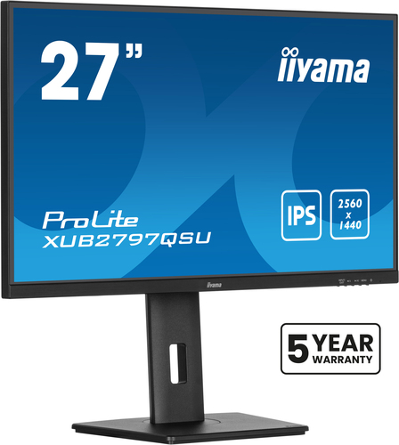 Монитор Iiyama - XUB2797QSU-B2, 27", 16:9, WLED, IPS, 300cd/m², 1300:1, 2560x1440 (WQHD), 100 Гц, 1x HDMI, 1x DP, HAS, Pivot, speakers, цвет чёрный, XUB2797QSU-B2