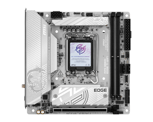 Материнская плата MSI MPG B860I EDGE TI WIFI, LGA 1851, Intel B860, 2xDDR5 (до 128 ГБ), 2xSATA, 2xM.2 (1xPCIe 5.0, 1xPCIe 4.0/SATA), 1xPCIe 5.0 x16, 1xHDMI, 1x5Gb LAN, Wi-Fi 7, Bluetooth 5.4, 1xUSB-C 40Gbps (Thunderbolt 4), 1xUSB-C 10Gbps, 1xUSB-A 10Gbps, 4xUSB-A 5Gbps, 2xUSB-A 2.0, 3x3.5 мм + S/PDIF оптический, 7.1, белый/серебристый, Mini-ITX