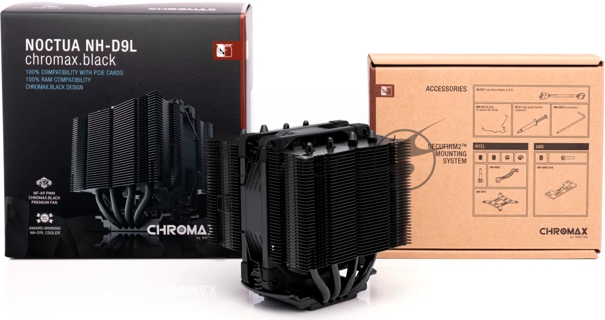 Кулер для процессора Noctua NH-D9L chromax черный, 92 мм, медь, 0-2000 об/мин, 22.8 дБ, 4 pin PWM, 140 Вт, высота 110 мм