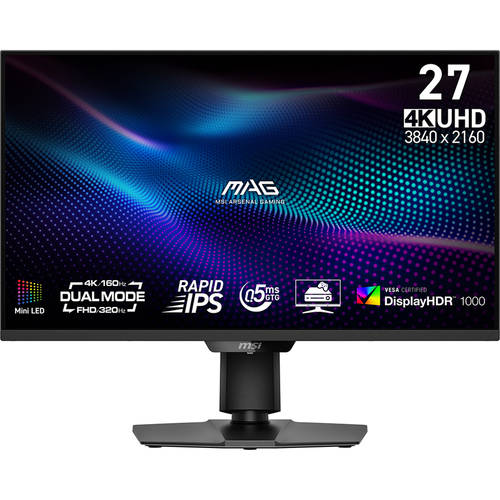 Монитор MSI - MAG 274UPDF E16M, 27", 16:9, mini-LED, IPS, 0.5 мс, 400cd/m², 1000:1, 3840x2160 (4K), 160 Гц, 2x HDMI, 1x DP, HAS, Pivot, цвет чёрный, 9S6-3CF09H-029
