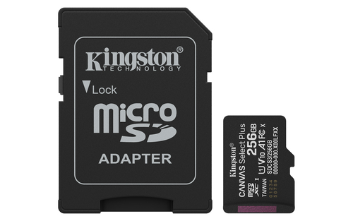 Карта памяти Kingston - Canvas Select Plus, microSDXC, read speed 150Mb/s, UHS-I Class 1, V10, Class 10, 256GB, microSD -> SD адаптер, SDCS3/256GB