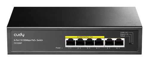 Коммутатор/ 6-Port 10/100M PoE Switch with 4 POE Ports Unmanaged Desktop Switch, support 4-port IEEE 802.3at PoE+ Injector (Port-1 to Port-4), Supports PoE power up to 30W for each PoE port, CCTV Mode (Transmit distance up to 250m at 10Mbps),  Fanless, ±4KV Surge Protection, Steel case, Watchdog, 60W internal