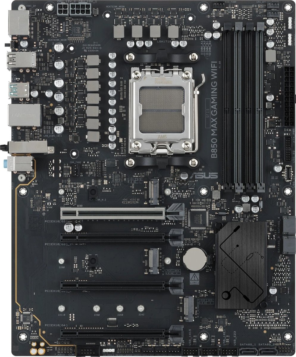 Материнская плата ASUS B850 MAX GAMING WIFI, AM5, AMD B850, 4xDDR5, 4xSATA, 3xM.2, 1xPCIe 5.0 x16, 1xPCIe 4.0 x16, 2xPCIe 3.0 x16, 1xHDMI, 1xDisplayPort, 1x 2.5Gb LAN, 4xUSB 3.2 Gen2, 2xUSB 3.2 Gen1, 2xUSB 2.0, 3x3.5 мм, 7.1, ATX