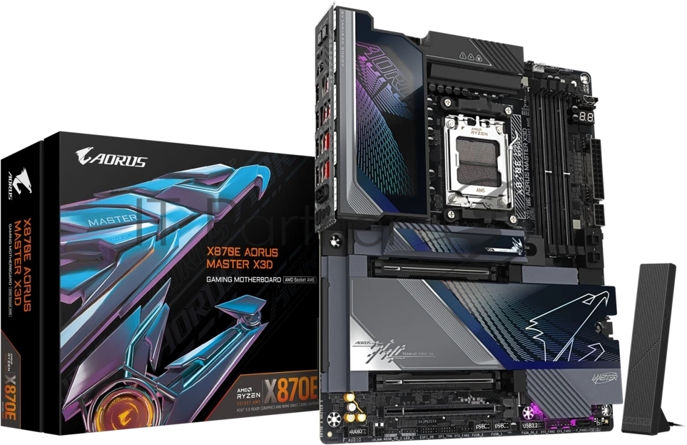 Материнская плата Gigabyte X870E AORUS MASTER X, AM5, AMD X870E, 4xDDR5 (до 9000 МГц, до 256 ГБ), 2xSATA, 5xM.2 (2xPCIe 5.0, 2xPCIe 4.0 x4, 1xPCIe 4.0 x2), 2xPCIe 5.0 x16, 1xPCIe 4.0 x16, 1xHDMI, 1x10Gb LAN + 1x5Gb LAN, Wi-Fi 7, Bluetooth 5.4, 2xUSB-C 40Gbps (USB4), 1xUSB-C 20Gbps, 1xUSB-C 10Gbps, 7xUSB-A 10Gbps, 3x3.5 мм + S/PDIF оптический, 7.1, с подсветкой, чёрный, ATX