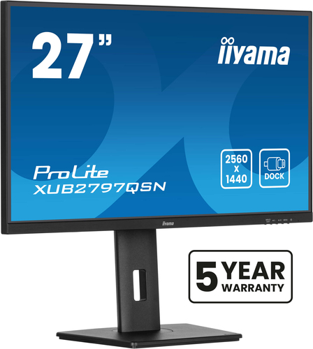 Монитор 27" iiyama XUB2797QSN-B2 IPS 2560x1440, 100 Гц, 1 мс, 16:9, 300 кд/м², HDMI, DisplayPort, USB-A, USB-C (65 Вт), Ethernet, встроенные динамики, Flicker Free, Low Blue Light, регулировка по высоте, поворот на 90 градусов, черный