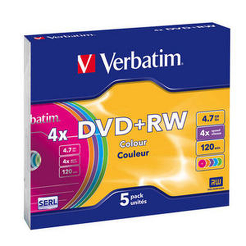 Verbatim Диски DVD+RW 4х, 4.7Gb (COLOUR, Slim Case, 5шт.) (43297)