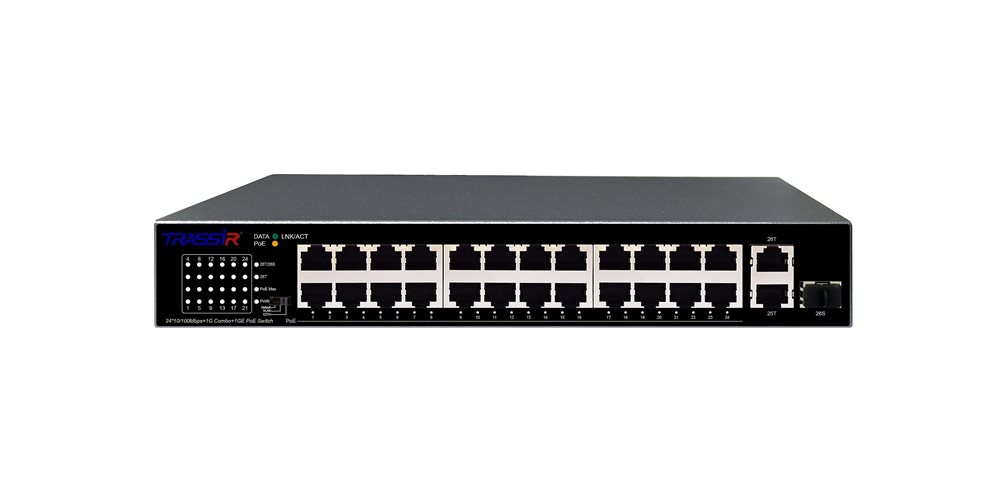Коммутатор Trassir TR-NS1126-225-24PoE, 24×PoE, 2×GbE, неуправляемый