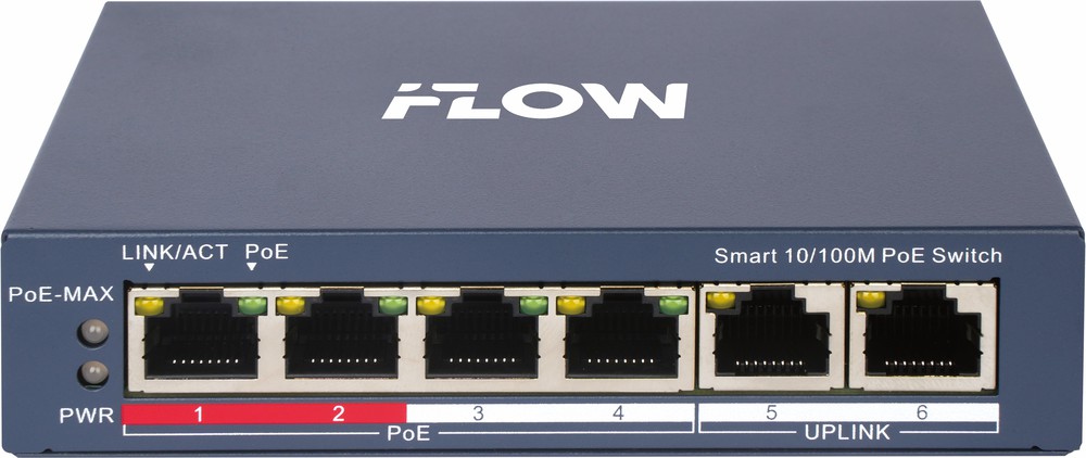 Коммутатор IFLOW F-SW-EM206POE-VM, 4×PoE 100Мб, 2×Uplink 100Мб, PoE 60Вт