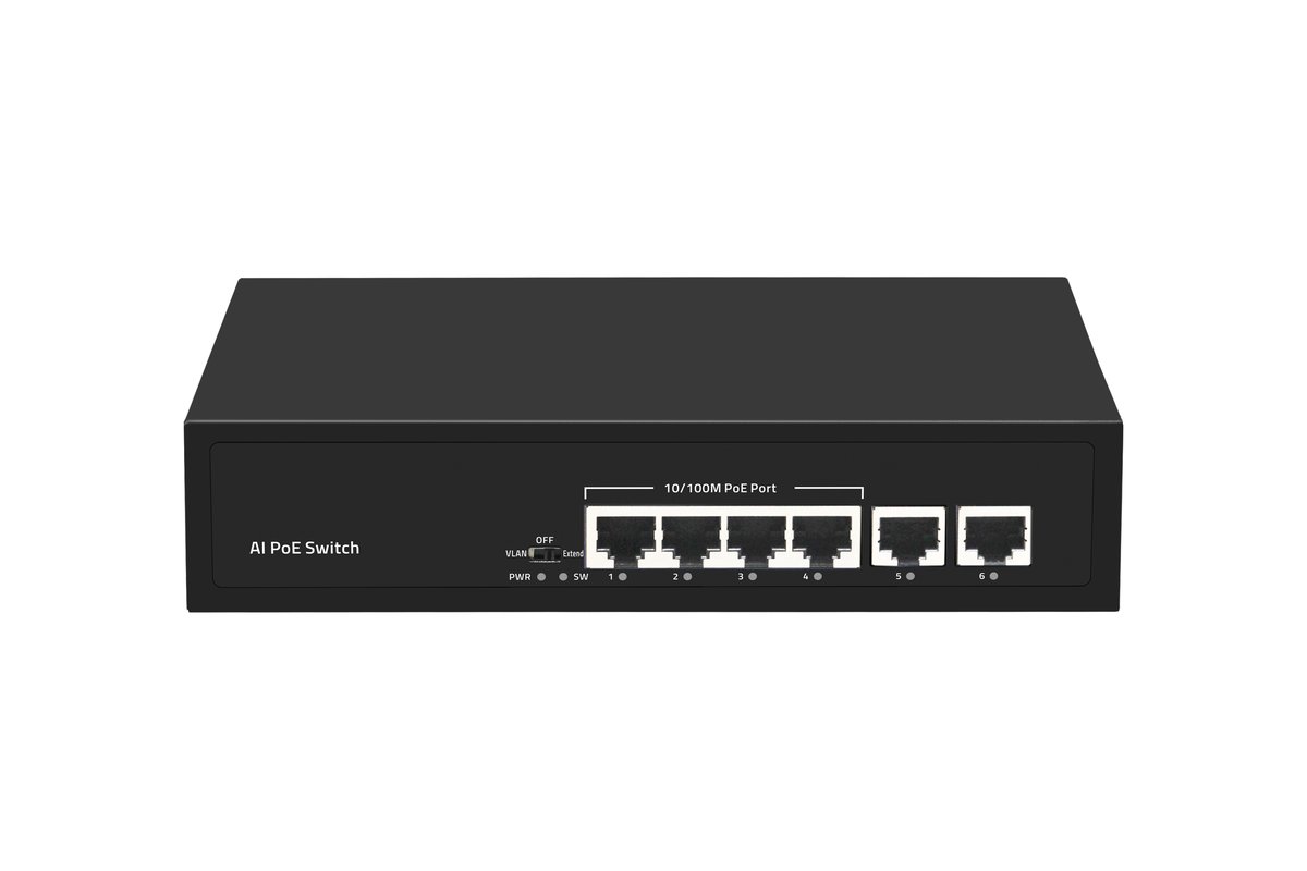 ST-NS004MB-MD - Неадминистрируемый коммутатор, 4 RJ-45 POE порта (10/100 Мбит/с), 2 RJ-45 Uplink порта (10/100 Мбит/с), бюджет на порт до 30 Вт, общий бюджет до 65 Вт.