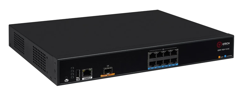 маршрутизатор QTECH Мультисервисный маршрутизатор, 1 порт 1000Base-X (SFP) WAN, 8 портов 10/100/1000Base-T LAN, 2 слота для модулей расширения MX9, встроенный БП (после тестирования)