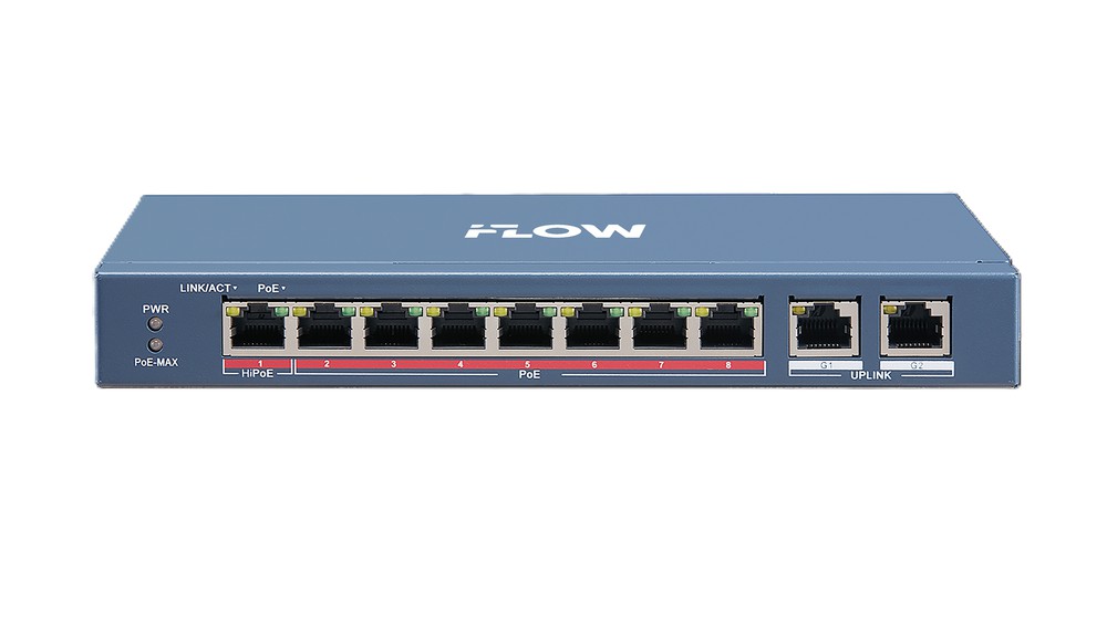 Коммутатор IFLOW F-SW-EU410HPOE-V, неуправляемый PoE, 8×FE PoE, 2×GE Uplink, 110W