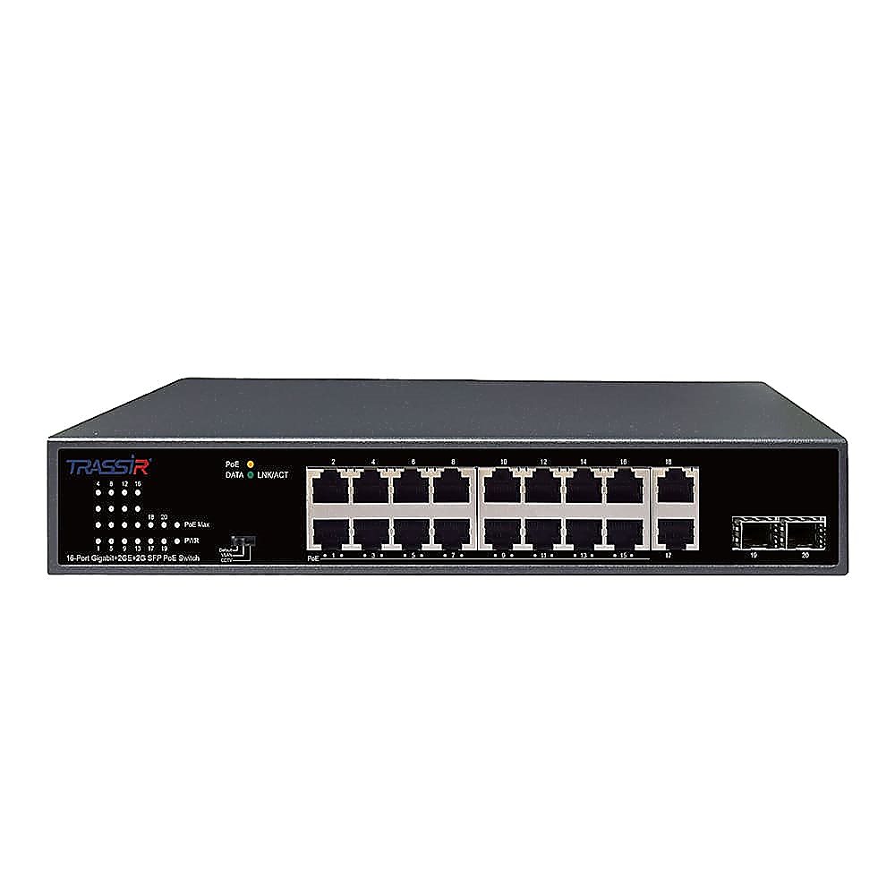 Коммутатор TRASSIR TR-NS14202S-185-16POE, 20×1GbE, 2×SFP, 16 PoE, 185W