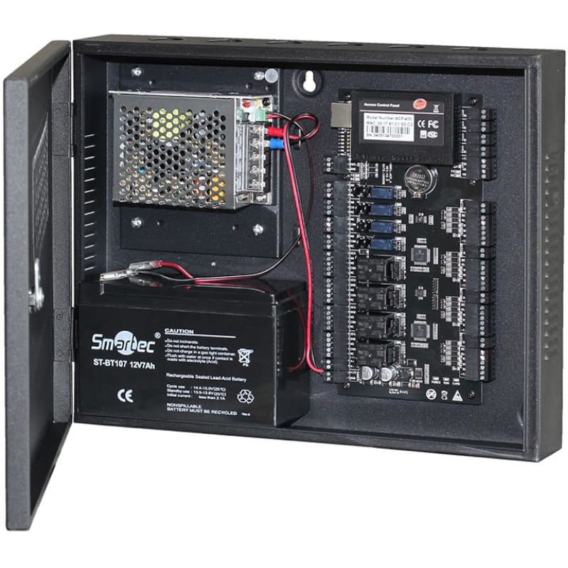 Сетевой контроллер Smartec ST-NC440B - на 4 двери (4 считывателя) в боксе, работа под управлением ПО Timex, RS485, TCP/IP, Wiegand 26, 30000 пользователей, 100000 событий, 0° +55°С, 9-14 В DC, не более 300мА