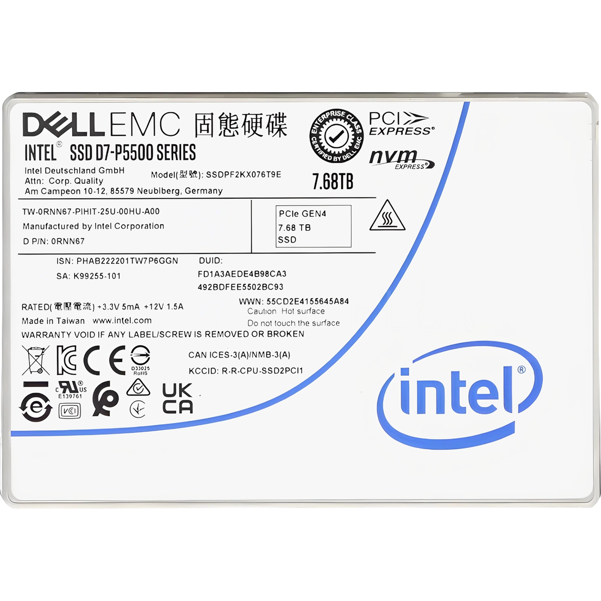 Твердотельный накопитель/ Intel SSD D7-P5500 Series, 7680GB, U.2 (2.5" 15mm), NVMe, PCIe 4.0 x4, TLC, R/W 7000/4300 MB/s, IOPS 1 000 000/130 000, TBW 14016, DWPD 1 (12 мес.)