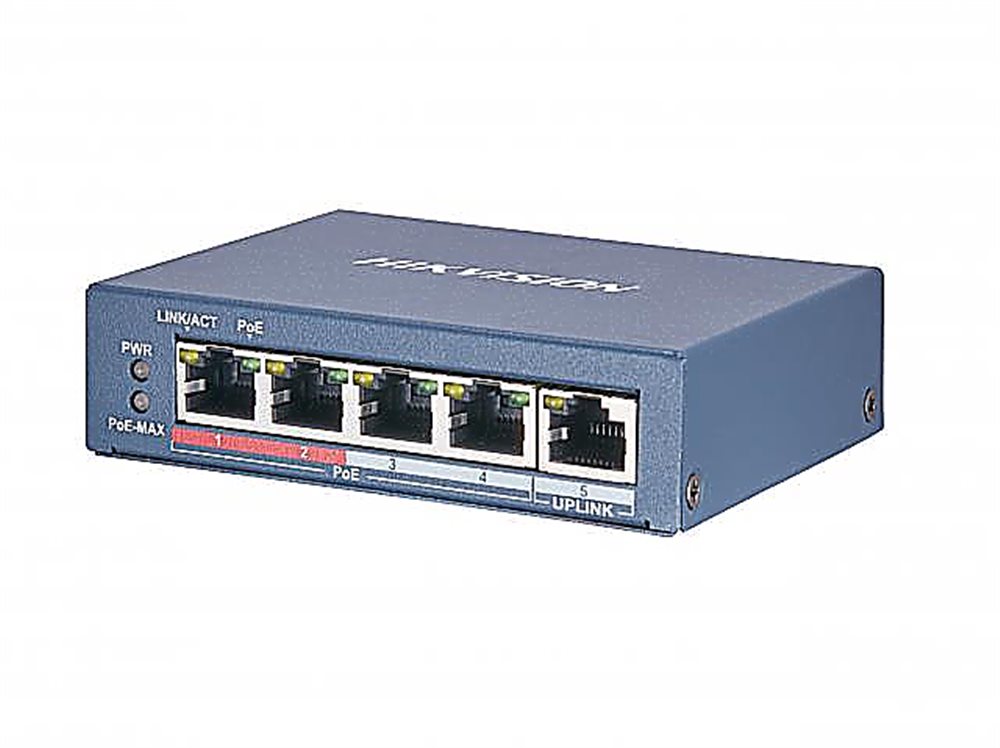 Коммутатор Hikvision DS-3E0105P-E/M(B), 4×PoE 100M, 1×Uplink, бюджет PoE 35 Вт