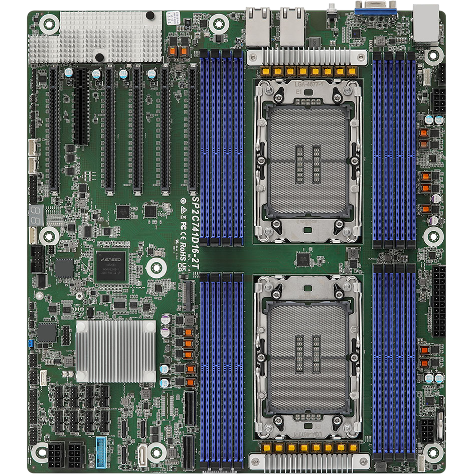 Материнская плата/ ASRock SP2C741D16-2T, EEB, 2x LGA 4677 5th/4th Gen Intel Xeon Scalable, 16x DDR5 RDIMM/ RDIMM-3DS, 5x PCIe5.0 / CXL1.1 x16, 1x PCIe5.0 x8, 2x MCIO (PCIE5.0 x8), 3x OCuLink (PCIe3.0 x4 or 4 SATA 6Gb/s), 1x M.2 (PCIe5.0 x4), up to 13x SATA 6Gb/s, 2x RJ45 (10GbE) Intel X710-AT2, AST2600