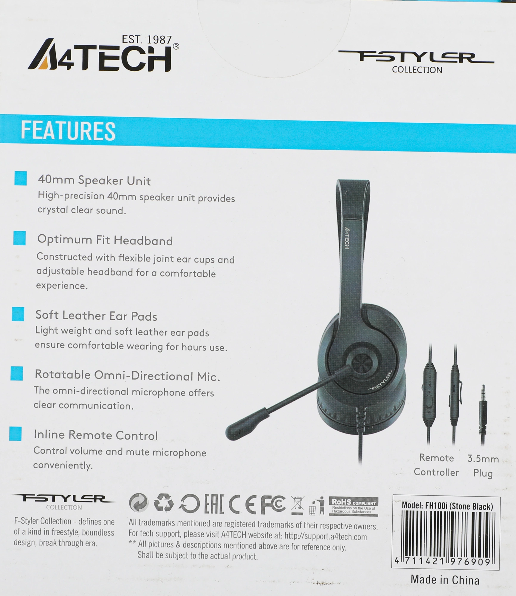Наушники с микрофоном A4Tech Fstyler FH100i черный 1.8м накладные оголовье (FH100I (STONE BLACK))