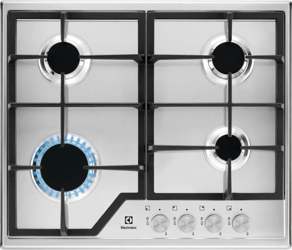 Встраиваемые газовые панели ELECTROLUX/ Газовая варочная поверхность -нержавеющая сталь, мощность: 7800 Вт, автоматический электроподжиг, газ-контроль, решетки: чугун, независимая установка, размеры (ШхГ): 59.5x51 см