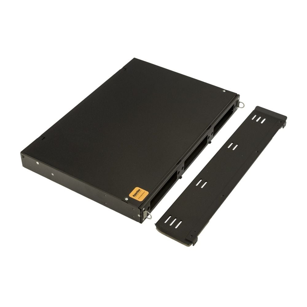 Аксессуары Hyperline Hyperline FO-19V-1U-3xSLT-W130H30-24UN-BK Бокс оптический универсальный 19" выдвижной, с полкой, от Бокс оптический универсальный 19" выдвижной, с полкой, от 8 до 24 портов (SC, duplex LC, ST, FC), со сплайс пластиной, без пигтейлов и проходных адаптеров, 1U, черный