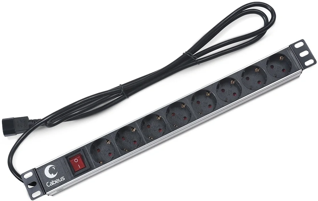 Cabeus PDU-8P-2IEC Блок распределения питания для 19" шкафов, горизонтальный, 8 розеток, 10 A, выключатель, алюминиевый корпус, шнур 2 м, вилка IEC 320 C14