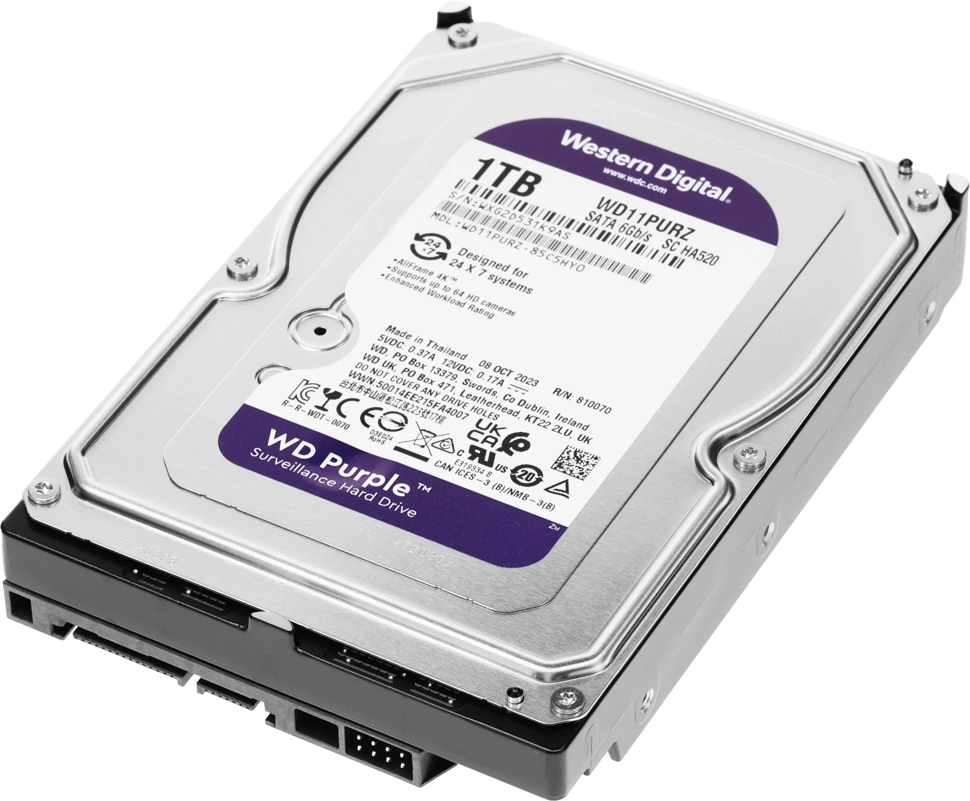 Диск HDD Western Digital - Purple, для систем видеонаблюдения, SATA, 6 Гб/с, 3.5", 1 ТБ, 5400 rpm, 64MB, WD11PURZ