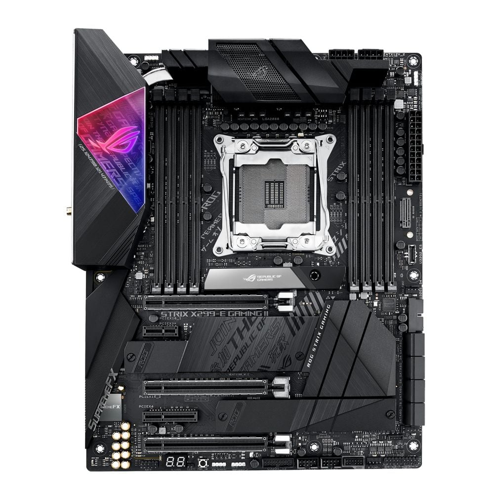 Материнская плата ASUS ROG STRIX X299-E GAMING II, LGA 2066, Intel X299, 8xDDR4, 8xSATA, 3xM.2, 1xPCIe 3.0 x8, 2xPCIe 3.0 x16, 1xPCIe x4, 1xPCIe x1, 2x 2.5Gb LAN, 1xUSB 3.2 Gen 2, 3xUSB 3.2 Gen 2, 2xUSB 2.0, 5x3.5 мм, 7.1, ATX