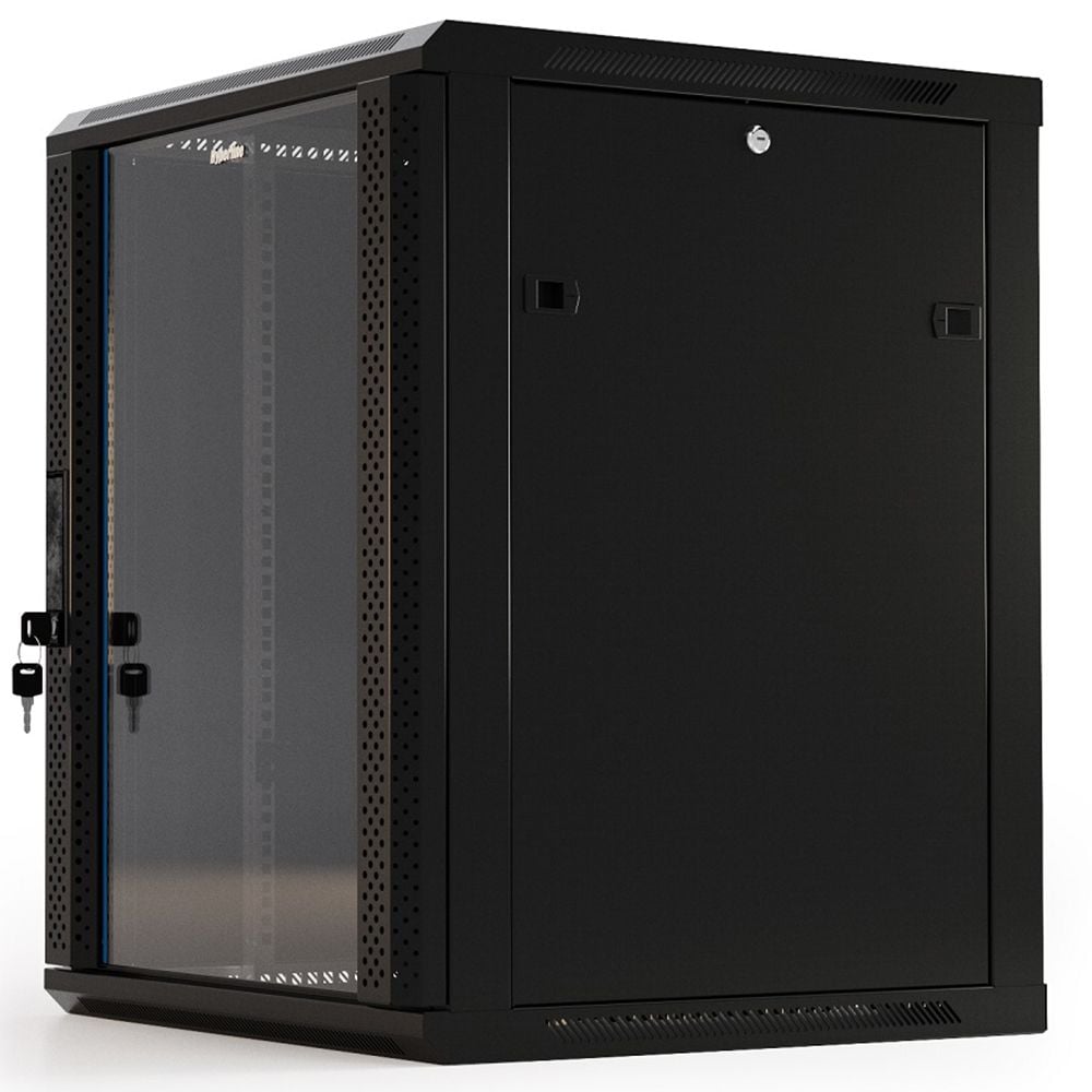 Шкаф настенный 19-дюймовый (19"), 15U, 775x600х450мм, стеклянная дверь с перфорацией по бокам, ручка с замком, цвет черный (RAL 9004) (разобранный) Hyperline TWB-1545-GP-RAL9004
