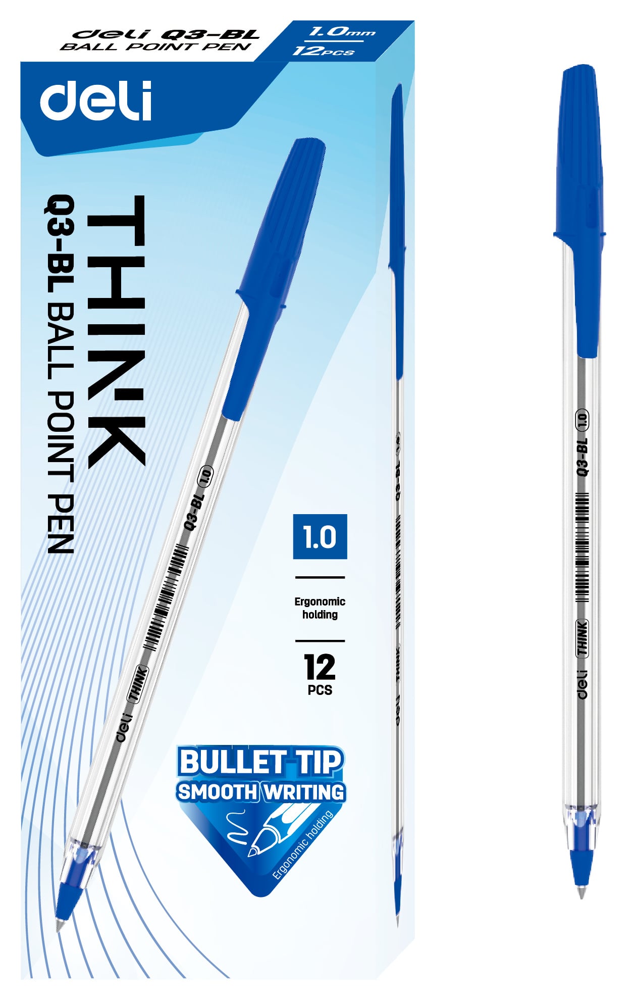 Ручка шариковая Deli Think EQ3-BL прозрачный, синие чернила, линия 1мм