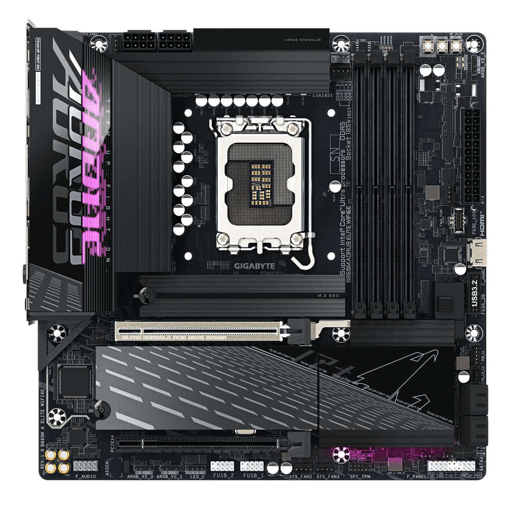 Материнская плата Gigabyte OEM B860M AORUS ELITE WIFI6E, Socket 1851, Intel®B860, 4xDDR5-6400, HDMI+DP, 2xPCI-Ex16, 4xSATA3(RAID 0/1/5/10), 3xM.2, 8Ch Audio, 1x2.5GbLan, WiFi, (4+4)xUSB2.0, (6+2)xUSB3.2, (0+1)xUSB Type-C™, mATX, RTL