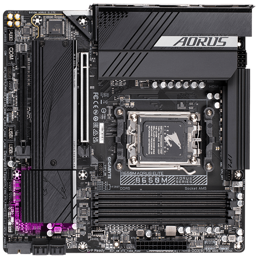 Материнская плата Gigabyte OEM B650M AORUS ELITE, Socket AM5, AMD B650, 4xDDR5-5200, HDMI+DP, 2xPCI-Ex16, 4xSATA3(RAID 0/1/10), 2xM.2, 8 Ch Audio, 2.5GLan, (4+4)xUSB2.0, (7+2)xUSB3.2, (1+1)xUSB3.2 Type-C™, mATX, RTL
