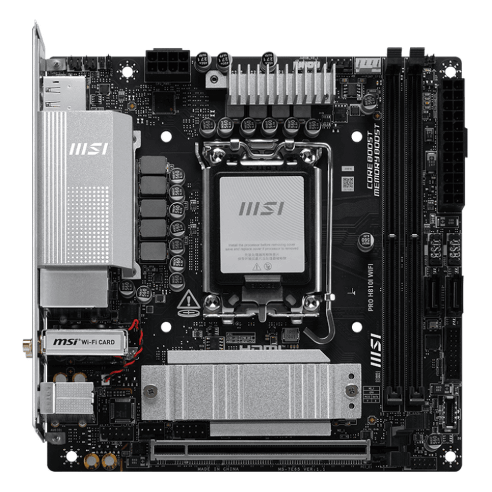 Материнская плата MSI PRO H810I WIFI H810, LGA1851, 2*DDR5, 1*PCIEx16, 1*M.2, 2*TypeC, 4*USB3.2Gen1, 6*USB2.0, 2*SATA3.0, 2.5G, DP, HDMI, ITX, RTL