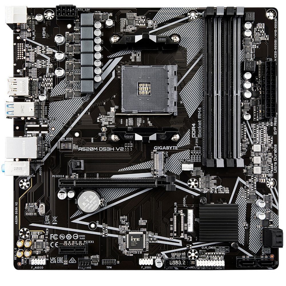 Материнская плата Gigabyte OEM A520M DS3H V2, Socket AM4, AMD A520, 4xDDR4-3200, HDMI+DP, 1xPCI-Ex16, 1xPCI-Ex1, 4xSATA3(RAID 0/1/10), 1xM.2, 8 Ch Audio, GLan, (4+2)xUSB2.0, (4+2)xUSB3.2, 1xPS/2, mATX, RTL oem