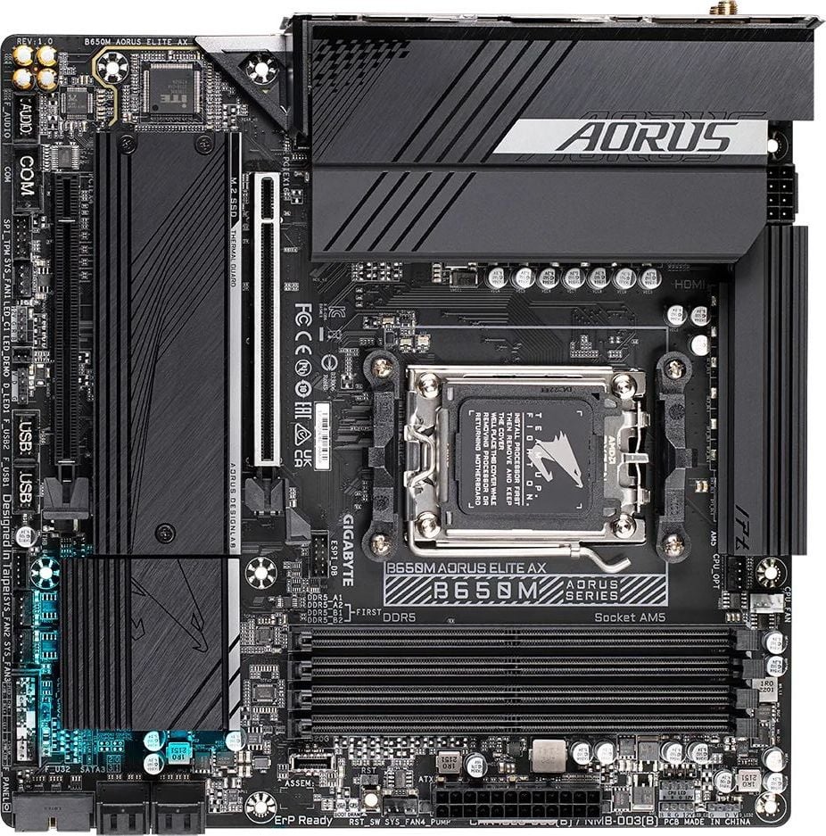 Материнская плата Gigabyte B650M AORUS ELITE AX, AM5, AMD B650, 4xDDR5, 4xSATA, 2xM.2, 1xPCI-E 5.0 x4, 1xPCI-E 4.0 x16, 1xHDMI, 1xDP, 1x 2.5Gb LAN, 4xUSB-A 2.0, 5xUSB-A 3.2 Gen 1, 2xUSB-A 3.2 Gen 2, 1xUSB-C 3.2 Gen 2, 2x3.5 мм, 7.1, Micro-ATX