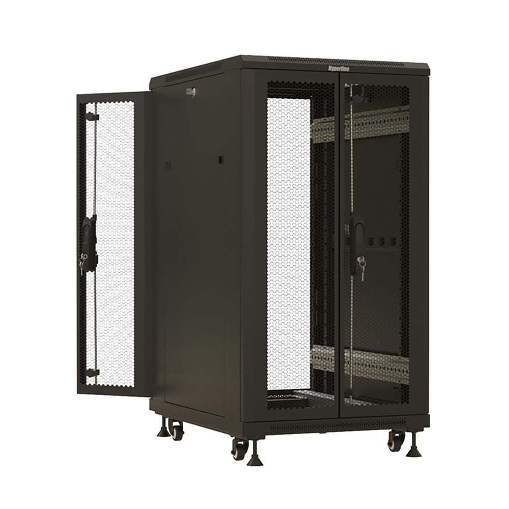 Шкаф Hyperline TTBR-2261-DD-RAL9004  напольный 22U 1166x600х1000 мм (ВхШхГ), передняя и задняя распашные перфорированные двери (75%), ручка с замком, крыша нового типа, цвет черный (RAL 9004) (разобранный)