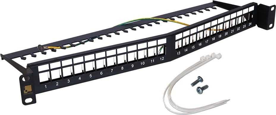Патч-панель Lanmaster LAN-PPAR24OK-STP наборная 19" угловая заглубленная, экранированная, 24  порта,  1U
