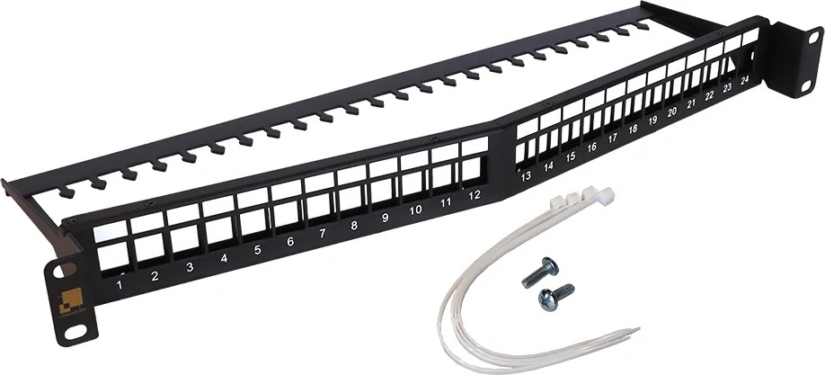 Патч-панель Lanmaster LAN-PPAR24OK-UTP наборная 19" угловая заглубленная, неэкранированная,  24 порта, 1U