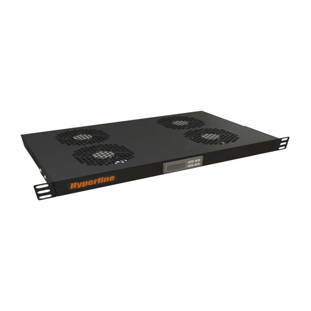 Вентиляторный модуль Hyperline Hyperline TRFA-WB-MICR-4F-RAL9004 Модуль вентиляторный 1U 19", глубиной 290мм, с термостатом и 4-я вентиляторами, номинальная мощность 70.40 Вт, датчик температуры с кабелем, кабель питания C13-Schuko 1.8м, цвет черный (RAL 9004)